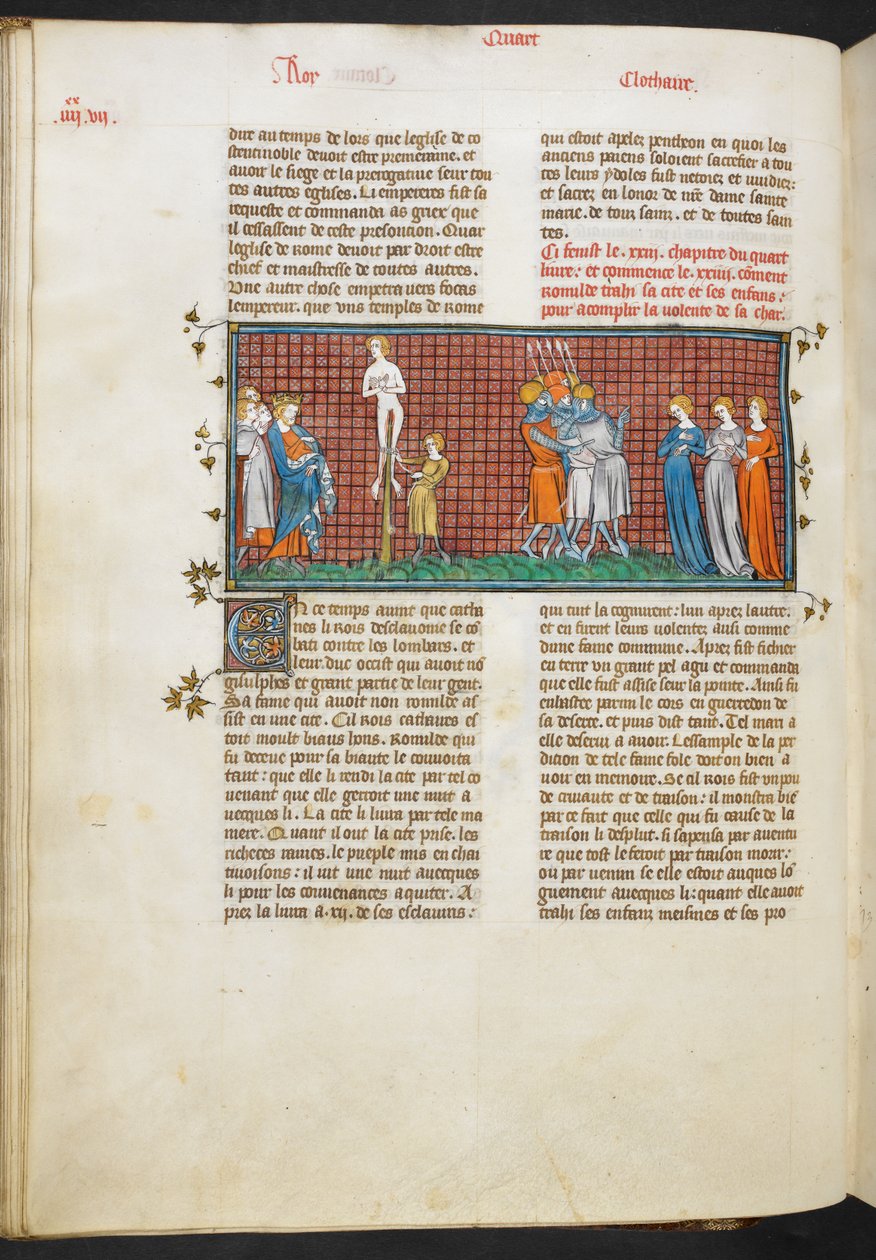 Royal MS 16 G. VI, Tod von Romhilda, Romhildas Töchter retten ihre Ehre (Buch 4, 24), aus Les Grandes Chroniques de France von French School