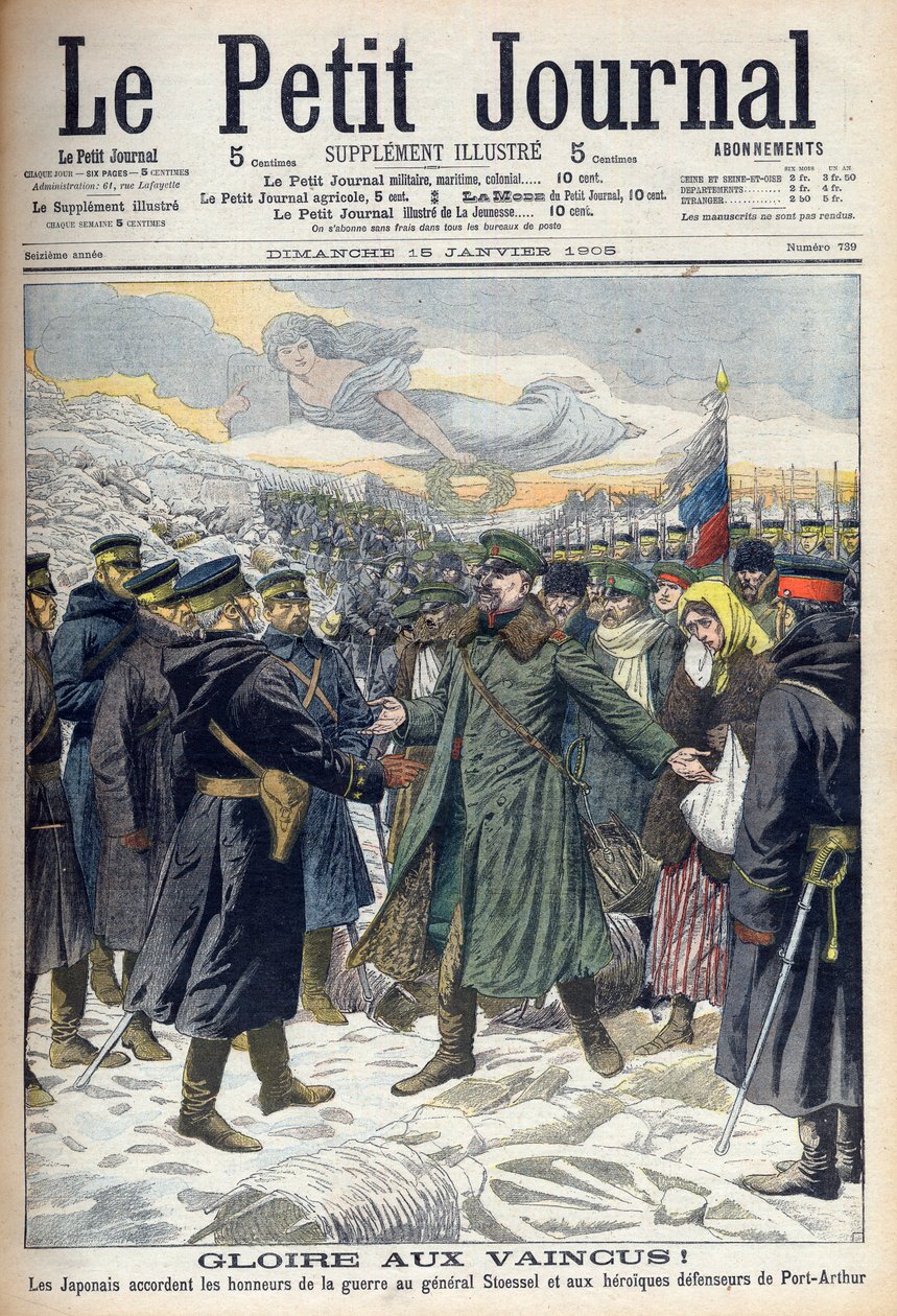Russisch-Japanischer Krieg 1904-1905: Japaner erlauben General Stoessel und den russischen Verteidigern von Port Arthur eine ehrenvolle Kapitulation. Aus Le Petit Journal, Paris von French School