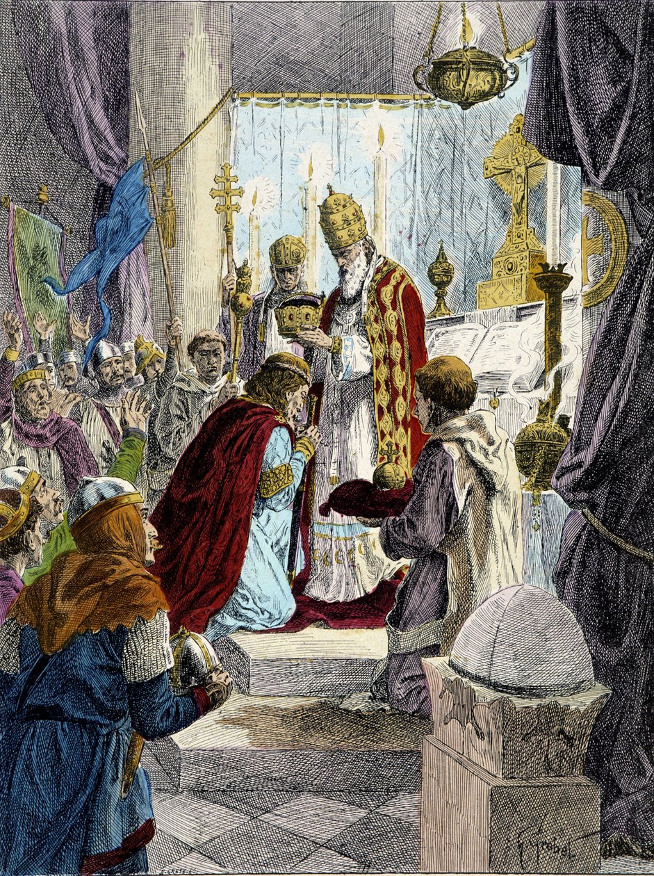 Krönung von Karl dem Großen (742 - 814) im Jahr 800 durch Papst Leo III. von French School