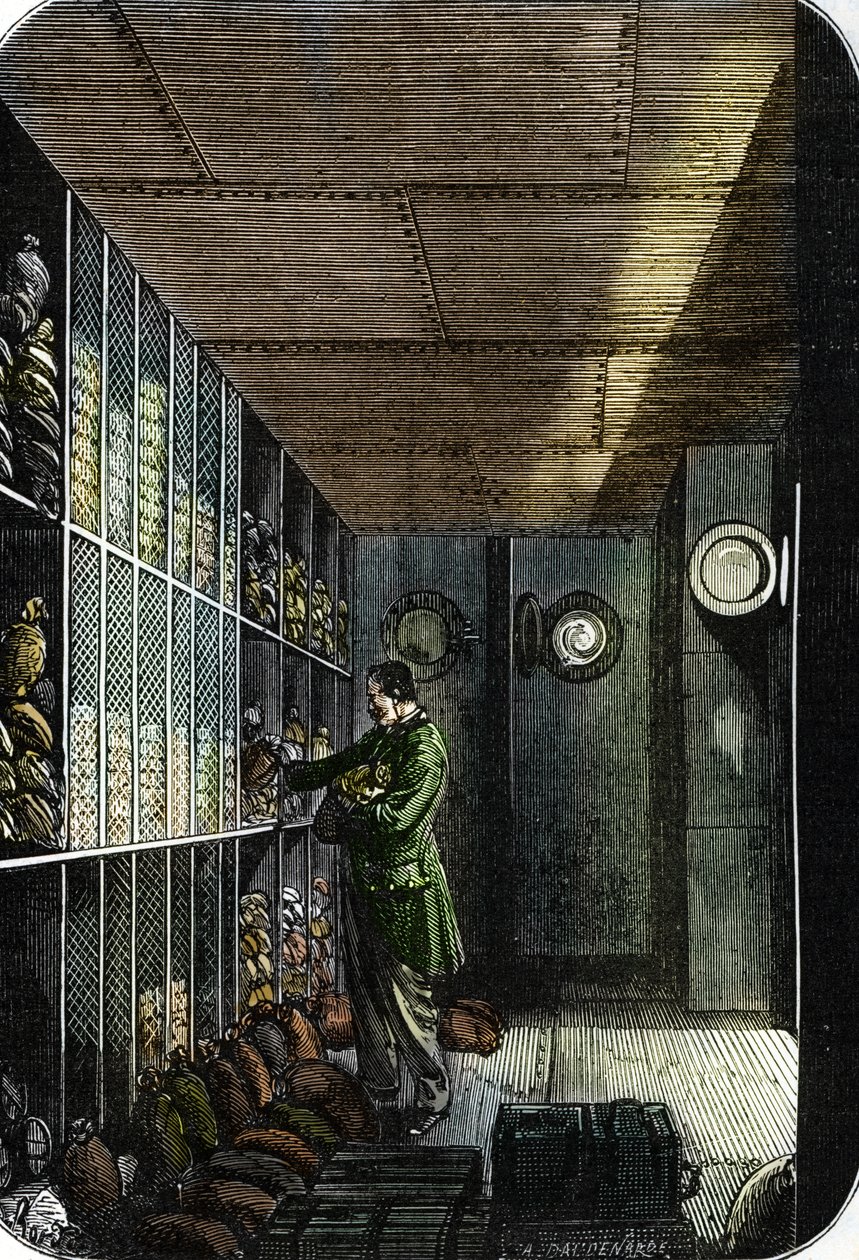 Tresor der Banque de France in Paris (Keller der Bank von Frankreich in Paris) (farbige Gravur) von French School