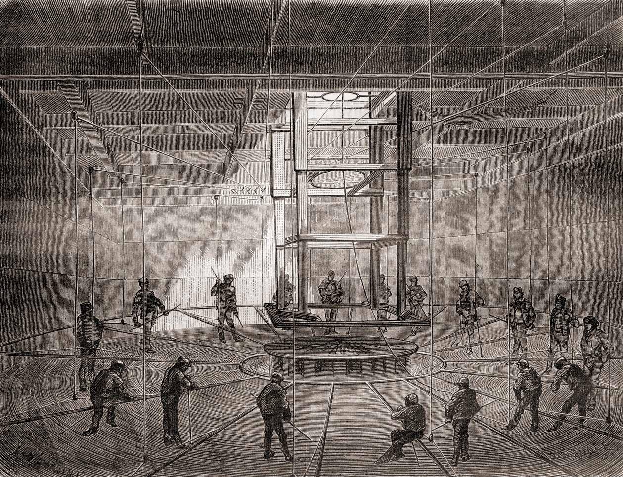 Matrosen und Arbeiter wickeln das transatlantische Telegraphenkabel in den Bilgetanks der S.S. Great Eastern auf von French School