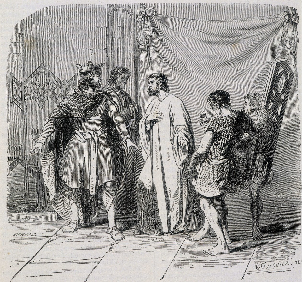 Saint Eloi und Dagobert: Dagobert war erstaunt, als Eloi ihm den zweiten Sessel vorstellte - Gravur 19. Jahrhundert von French School