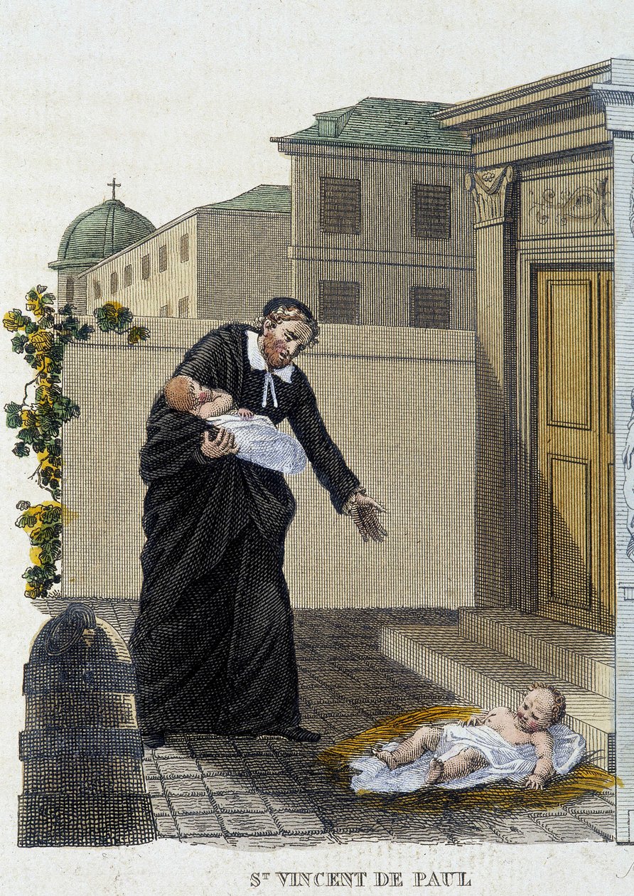 Saint Vincent de Paul empfängt verlassene Kinder vor der Kirche von French School