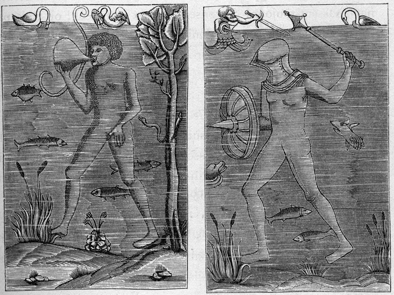 Seesoldat: der Taucher und der Mann der Waffen. Holzschnitte aus dem 16. Jahrhundert. In „La Marine et les colonies: commerce“ von French School