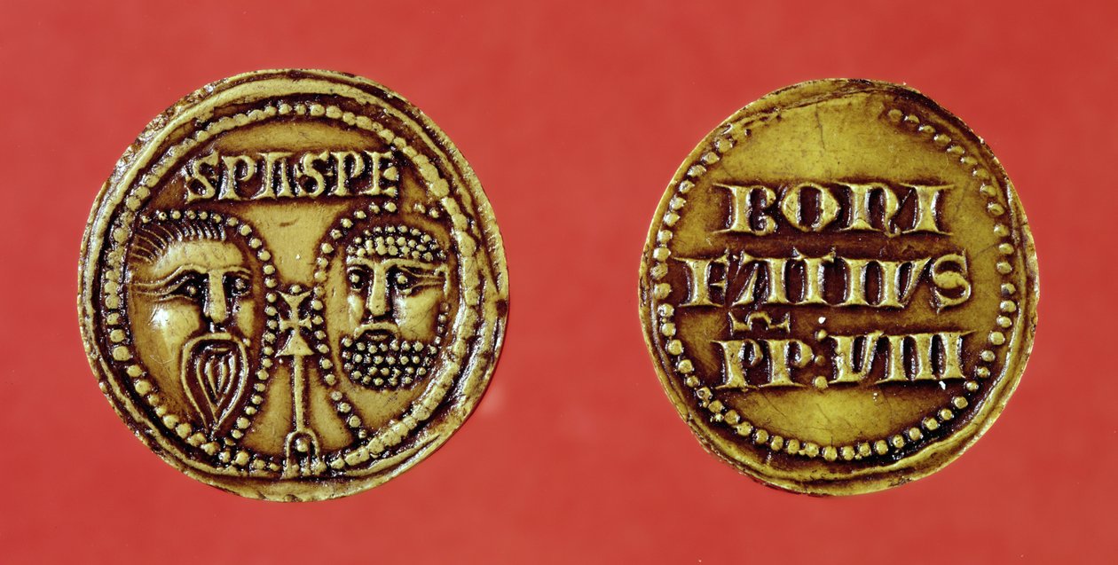 Siegel mit den Köpfen von St. Paul und St. Peter, von einer Bulle von Papst Bonifatius VIII., recto und verso, 1295 (Wachs) von French School