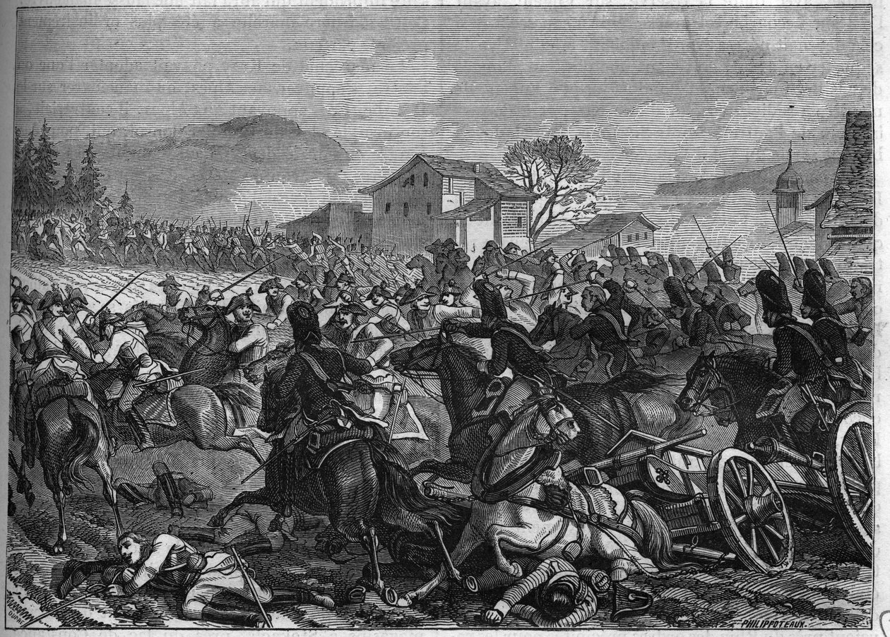 Zweite Koalition (1798-1800): Schlacht von Stockach am 3. Mai 1800 zwischen Frankreich und Österreich - Gravur von 1865 in „Histoire du Consulat et de l