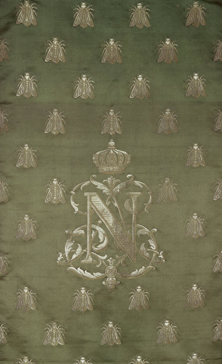 Abschnitt aus grünem und goldenem Damast mit dem Emblem und königlichen Wappen von Napoleon III (1808-73) von French School