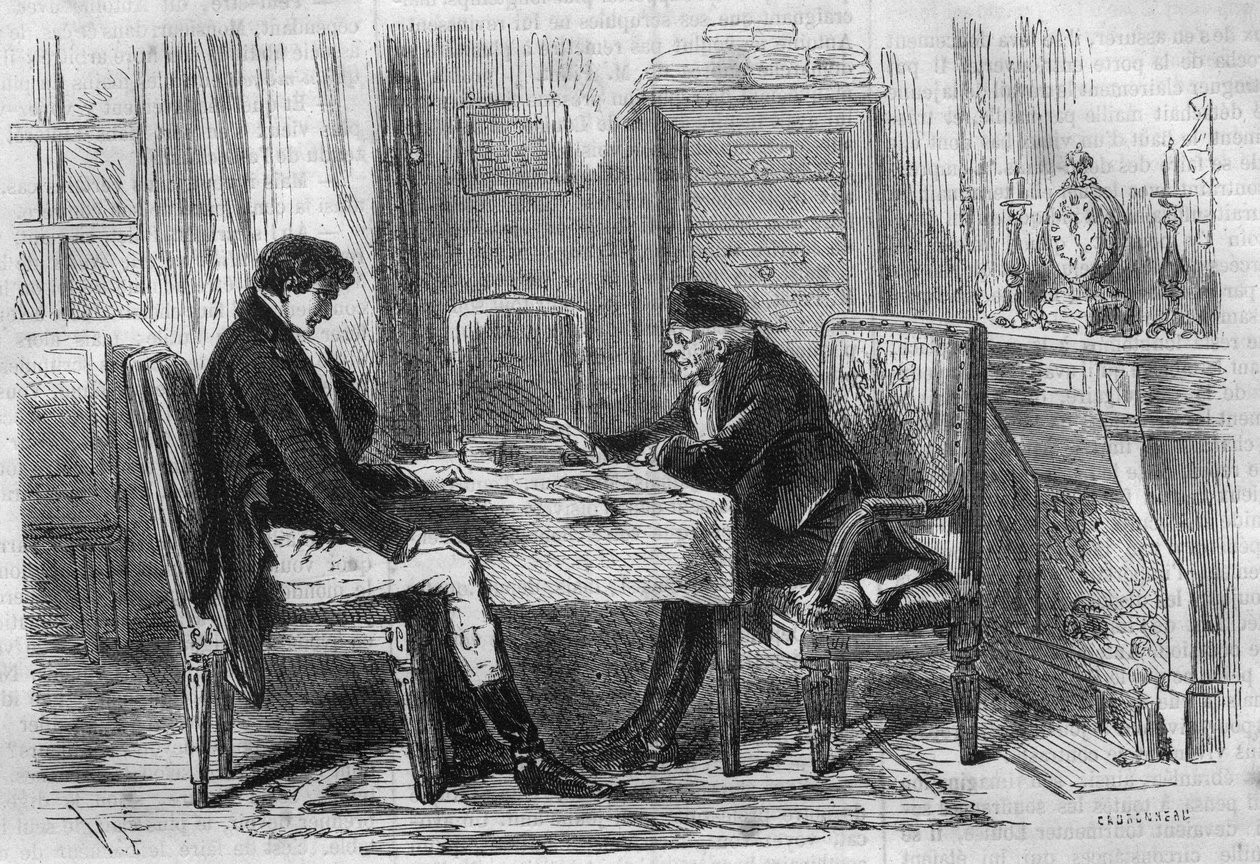 Serie: „Reich und Arm“ von Emile Souvestre. Zwei Männer im Gespräch: „Skrupel haben noch niemanden gequält.“ Gravur in „Les bons romances“ von French School