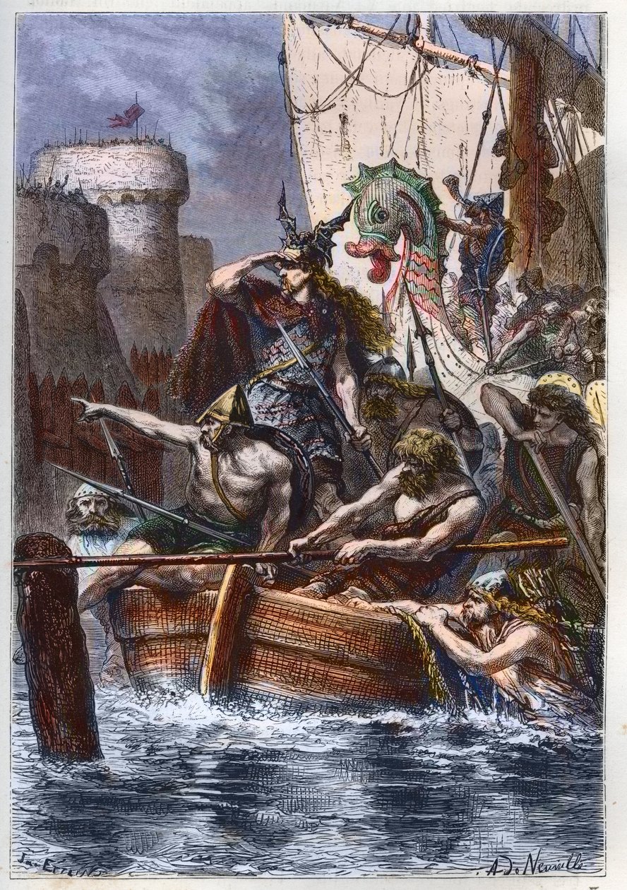 Belagerung von Paris (885-887): Invasion der Normannen (Wikinger) im Jahr 886 - Wikinger-Räuber Rollo (Rollon) der Ranger greift Paris über die Seine an, 885 n. Chr. - Gravur aus „L