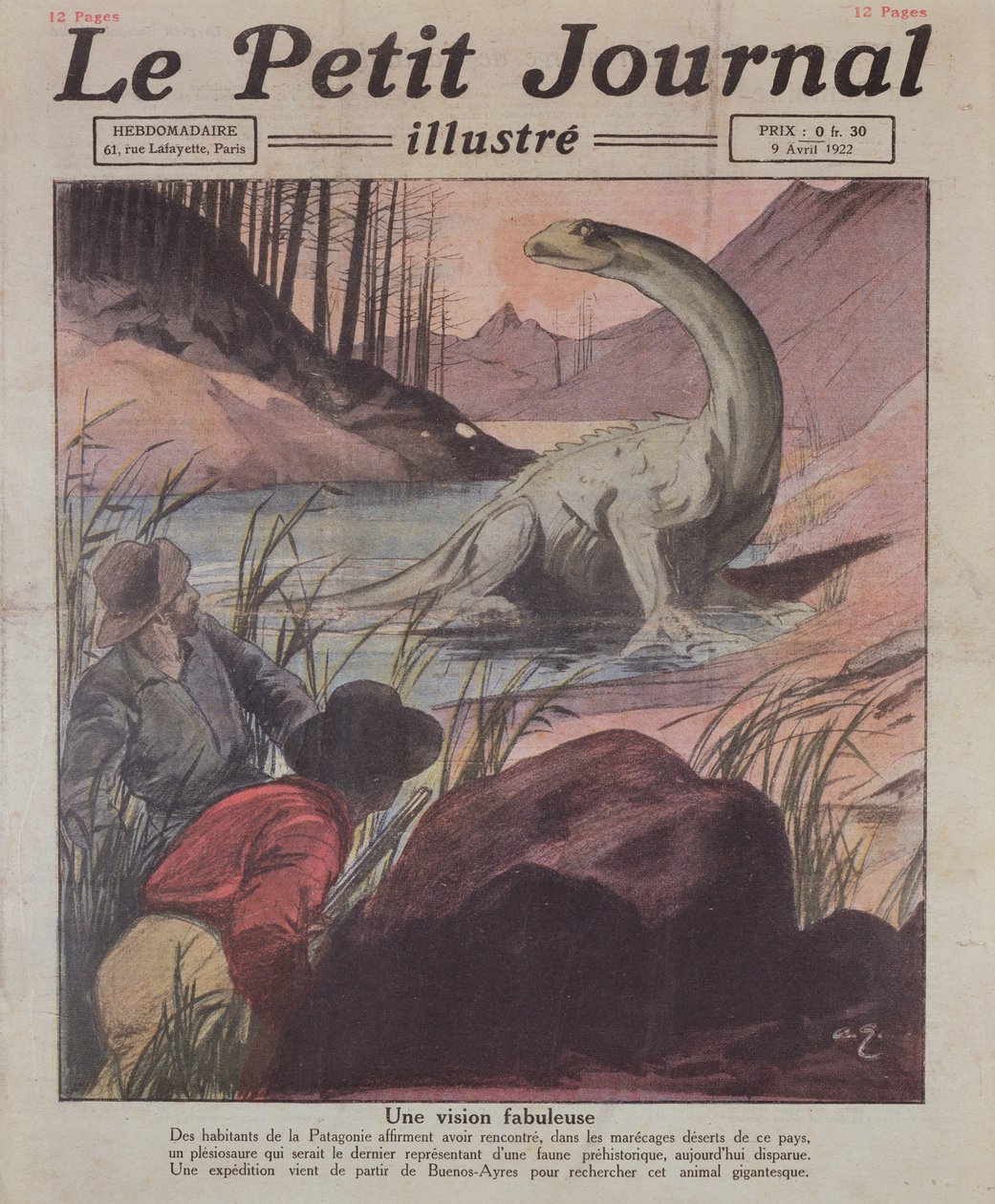 Sichtung eines Plesiosaurus in Patagonien, Titelillustration des Le Petit Journal, 9. April 1922 von French School