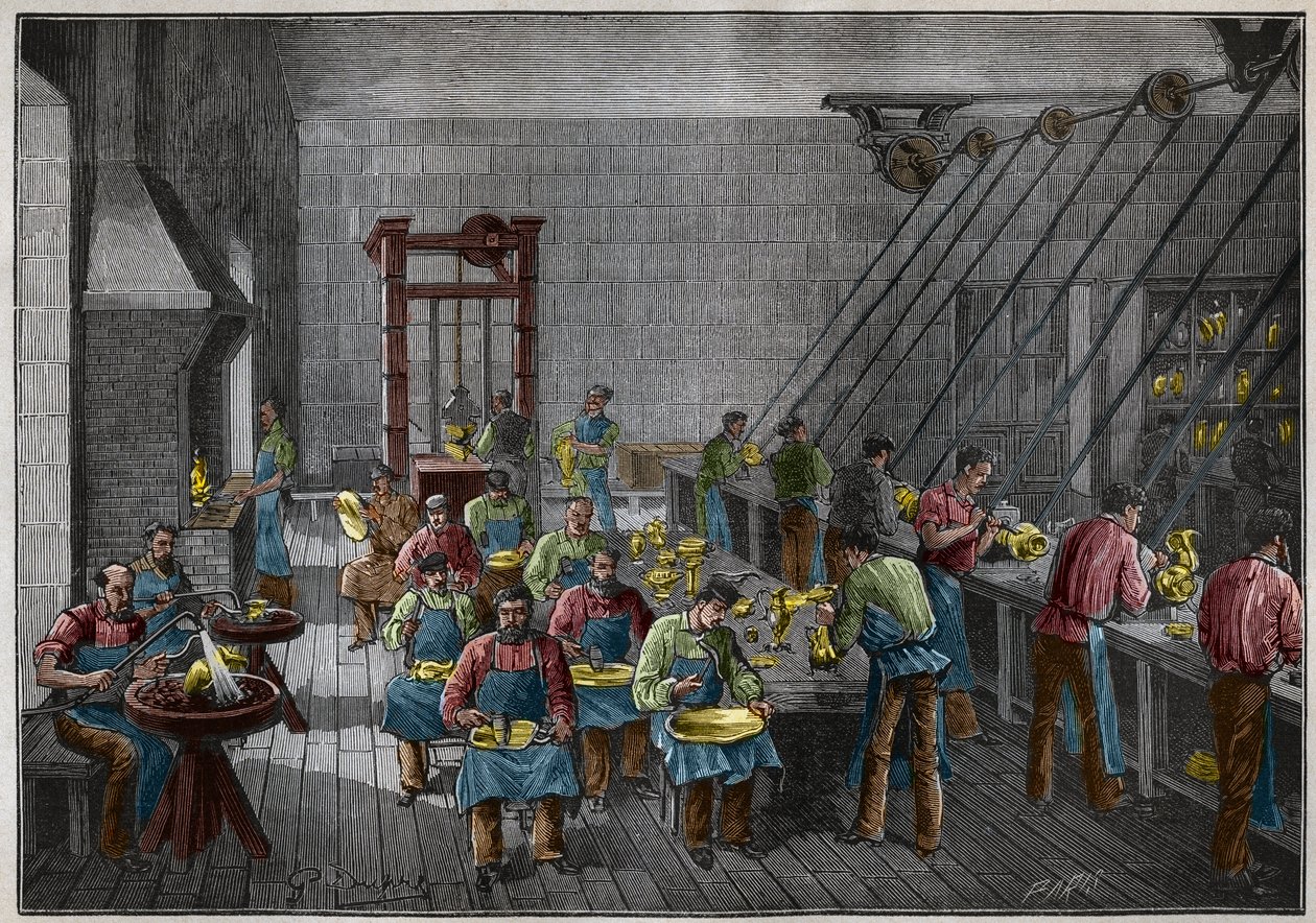 Silberwarenwerkstatt in Frankreich im 19. Jahrhundert. Gravur von 1885 in 