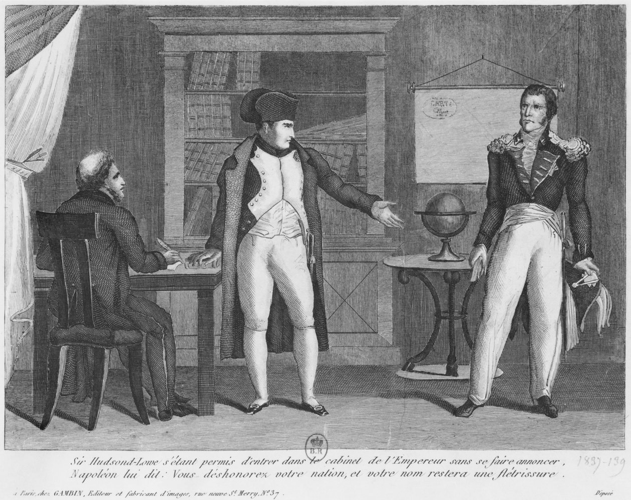 Sir Hudson Lowe betritt das Arbeitszimmer von Napoleon I. (1769-1821) auf der Insel St. Helena ohne Ankündigung von French School