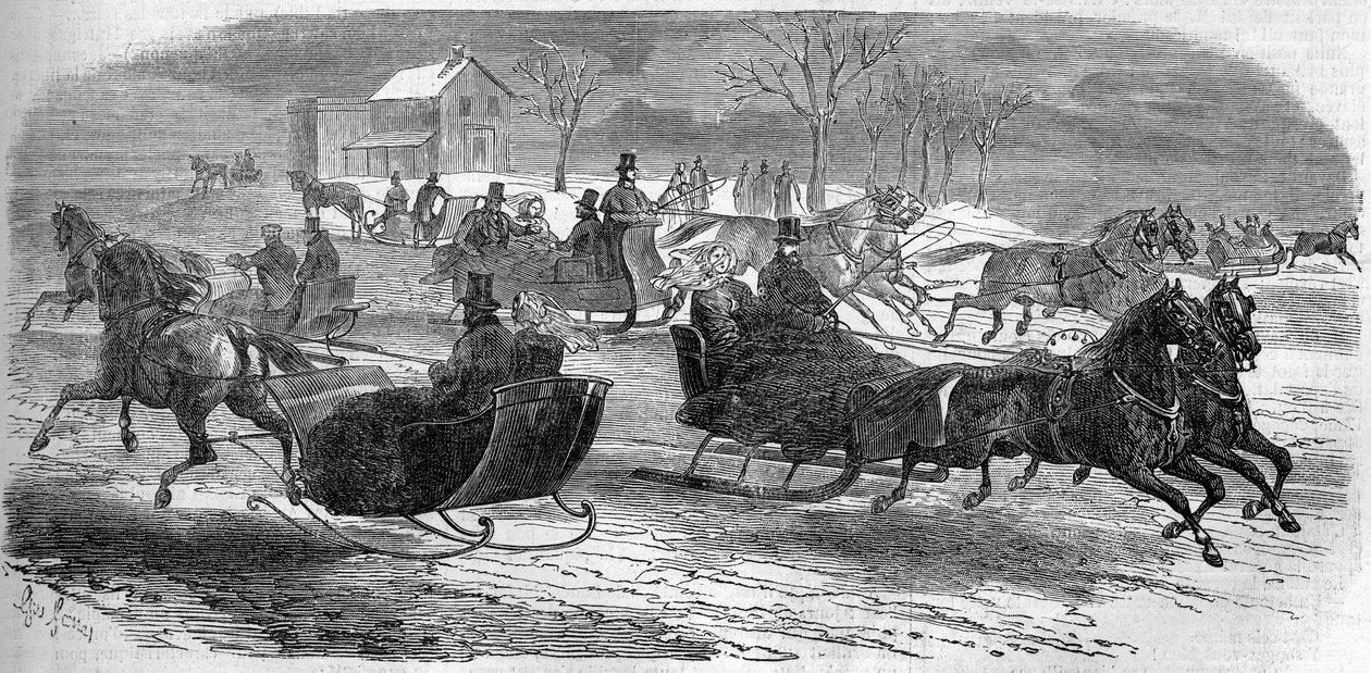 Schlittenfahrt in New York, Vereinigte Staaten, Winter 1858. Gravur in „Le Monde Illustré“ Nr. 47 vom 6. März 1858 von French School