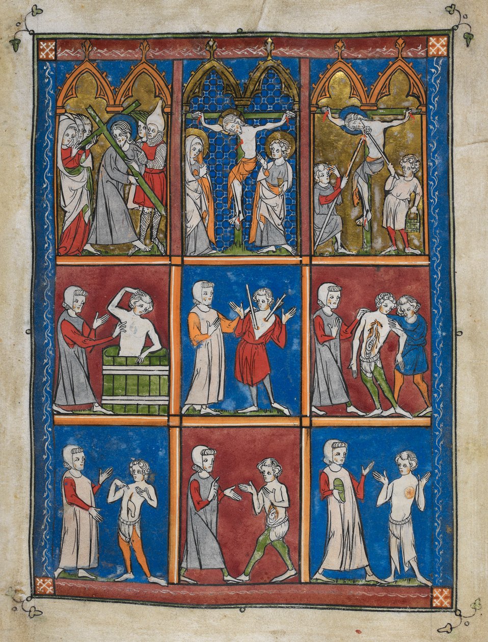 Die Chirurgia: Neun Miniaturen, die biblische und medizinische Szenen zeigen. Oben, Christus trägt das Kreuz; Maria und St. Johannes am Kalvarienberg; Christus erhält Essig und wird mit der Lanze durchbohrt. Mitte und unten, Ärzte behandeln Patienten für v von French School