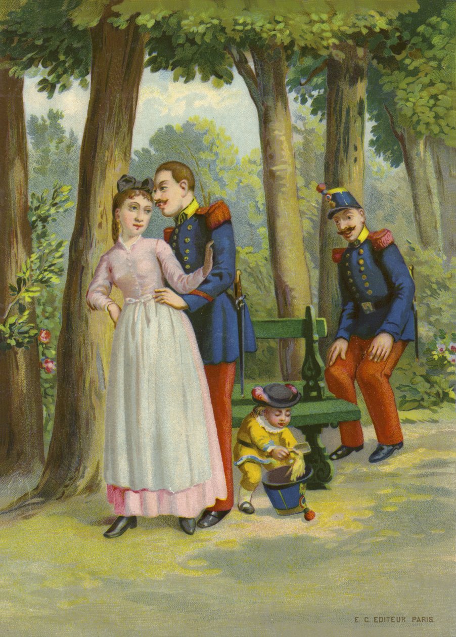 Soldat macht einer Magd im Park Avancen von French School