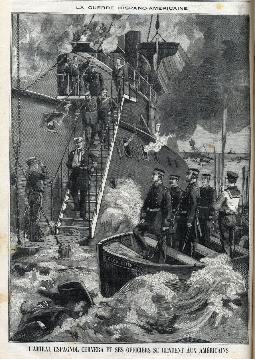 Spanischer Admiral Cervera und seine Offiziere ergaben sich den Amerikanern. Der Unabhängigkeitskrieg Kubas, das unter spanischer Herrschaft stand, brach 1895 aus, und die Kubaner baten die Amerikaner um Intervention. So begann und endete der Krieg zwische von French School