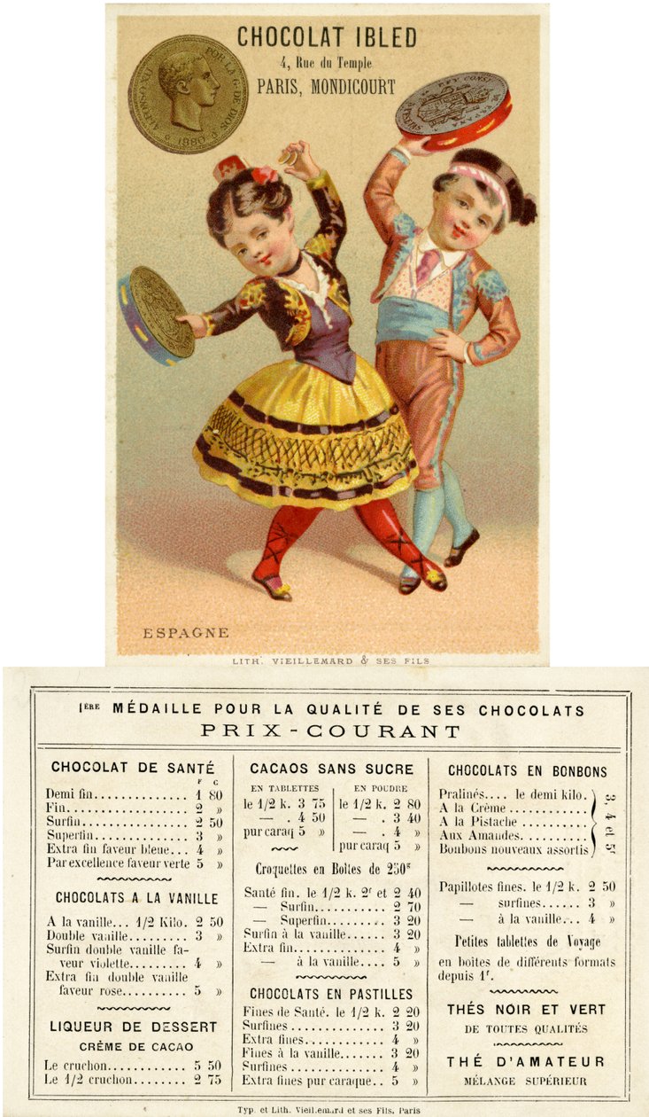 Spanische Kinder tanzen mit Tamburinen aus Peseten, aus einer Serie von Werbekarten über Währungen in verschiedenen Ländern, veröffentlicht in Paris von Vieillemard für Chocolat Ibled, 1886-95 von French School