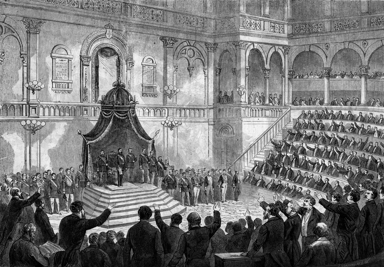 Rede des Königs von Italien Viktor Emanuel II. (Vittorio Emanuele) (Victor-Emmanuel) (1820-1878) zur Eröffnung der Sitzung der italienischen Staaten im Parlament von Turin von French School