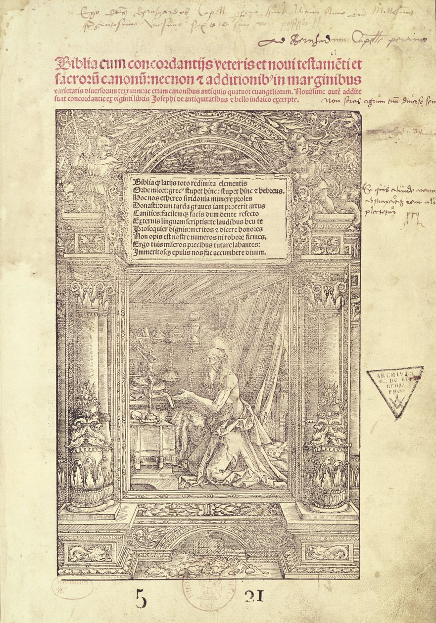 St. Hieronymus in seinem Studiolo, Titelseite einer Bibel, gedruckt von J. Marion, Lyon, 1521 von French School