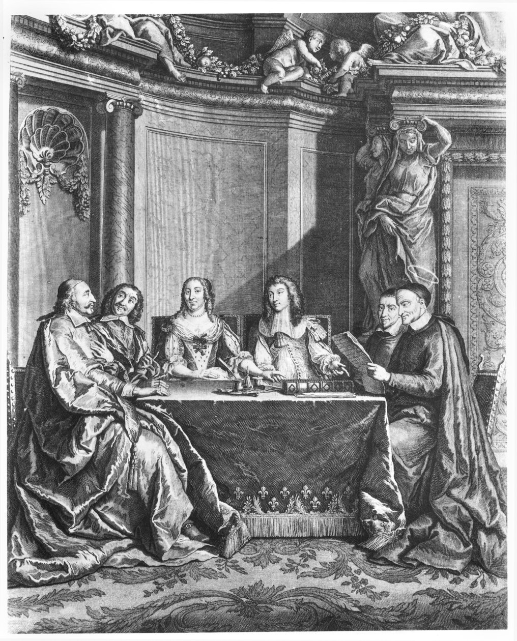 St. Vincent de Paul (1581-1660) und Kardinal Jules Mazarin (1602-61) beim Conseil de Conscience von Ludwig XIV. (1638-1715), graviert von Gerard Scotin, um 1660 von French School