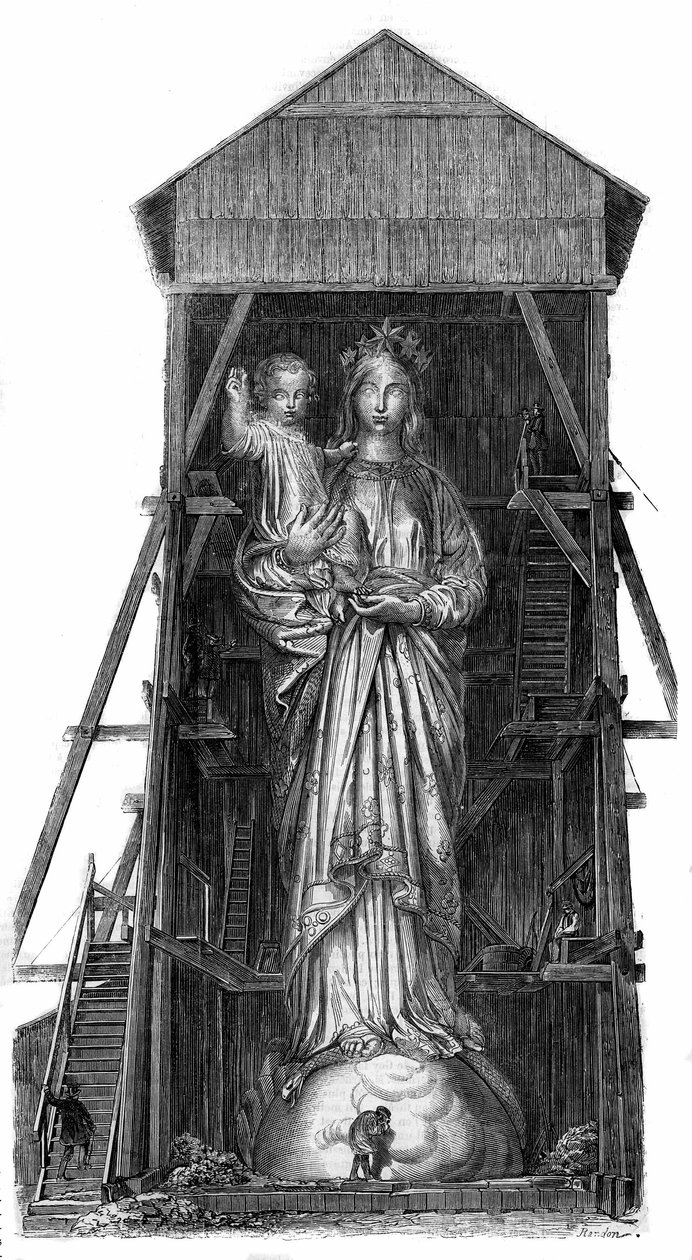 Statue von Notre Dame de France in Puy en Velay (Puy-en-Velay) in Haute Loire: Modell der Statue, die aus dem Eisen der in Sebastopol erbeuteten Kanonen gegossen werden soll. Die Statue wurde 1860 fertiggestellt und war 16 m hoch. Nach einer Fotografie. Gr von French School