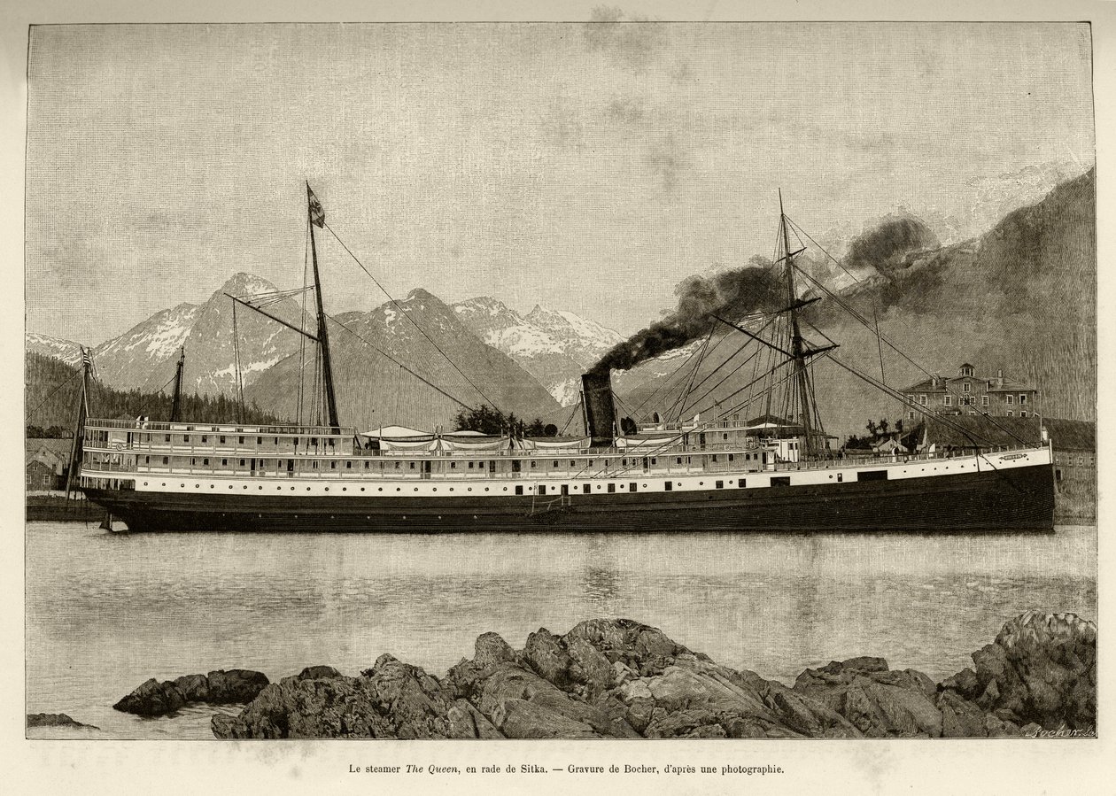 Dampfer The Queen, im Hafen von Sitka (Alaska, USA). Gravur von Bocher, 1890, in Le tour du monde, nouveau journal des voyages, herausgegeben von Edouard Charton (1807-1890), 2. Semester 1891, Ausgabe Hachette, Paris von French School