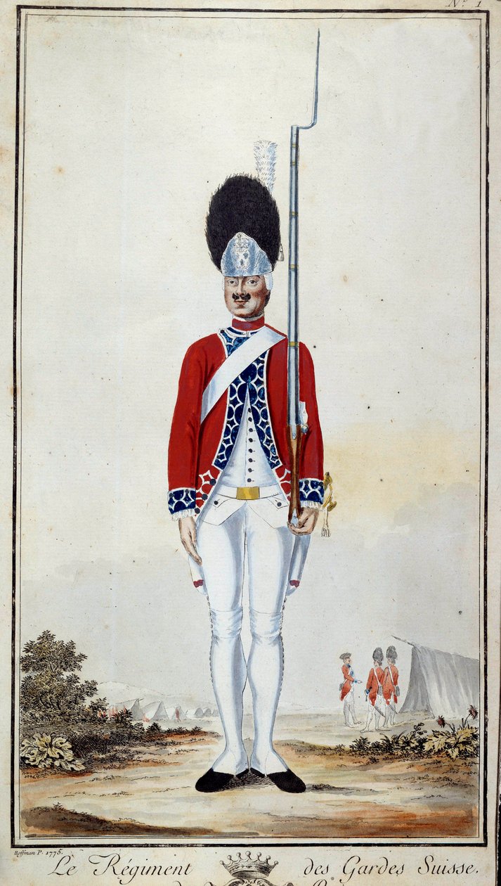 Schweizergarde. Tafel 16 in „Compendium der Militäruniformen der französischen Truppen unter Ludwig XVI.“ Lithographie von 1779. Dim. 0,23x0,16 m. Paris, Armeemuseum von French School