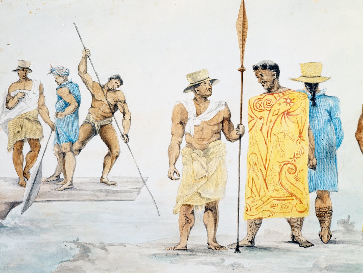 Tahitische Häuptlinge besteigen die Coquille, Entwurf von Jules-Louis Lejeune, basierend auf der Reise um die Welt von French School