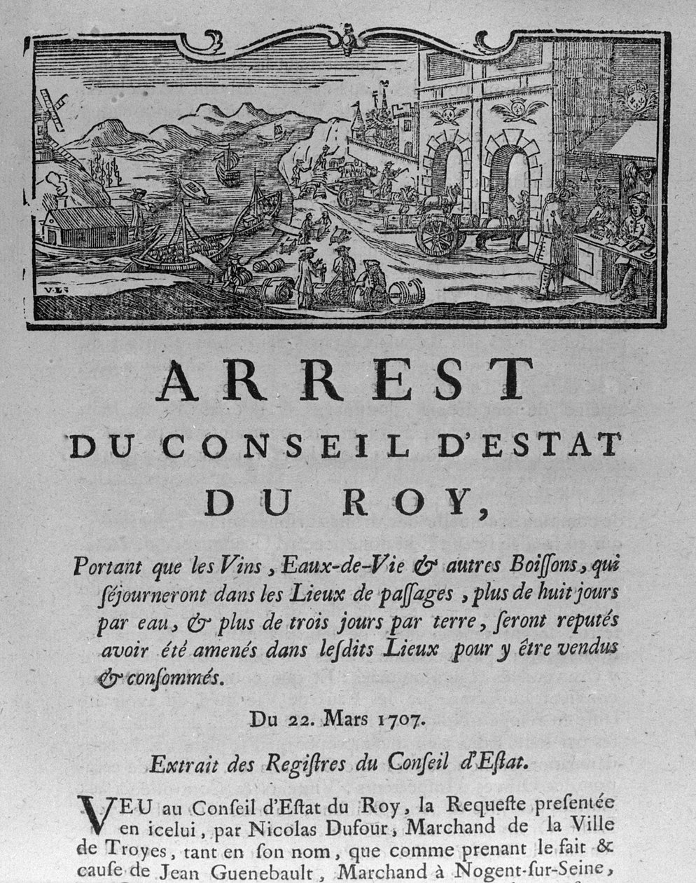 Steueramt am Stadteingang für Weine und Spirituosen, Dekret des Staatsrats vom 22. März 1707, aus den Registern des Staatsrats von Paris, 1739 von French School