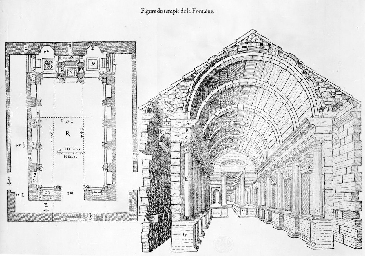 Tempel de la Fontaine, Illustration aus Discours historial de lantique et illustre cite de Nismes von Jean Poldo d