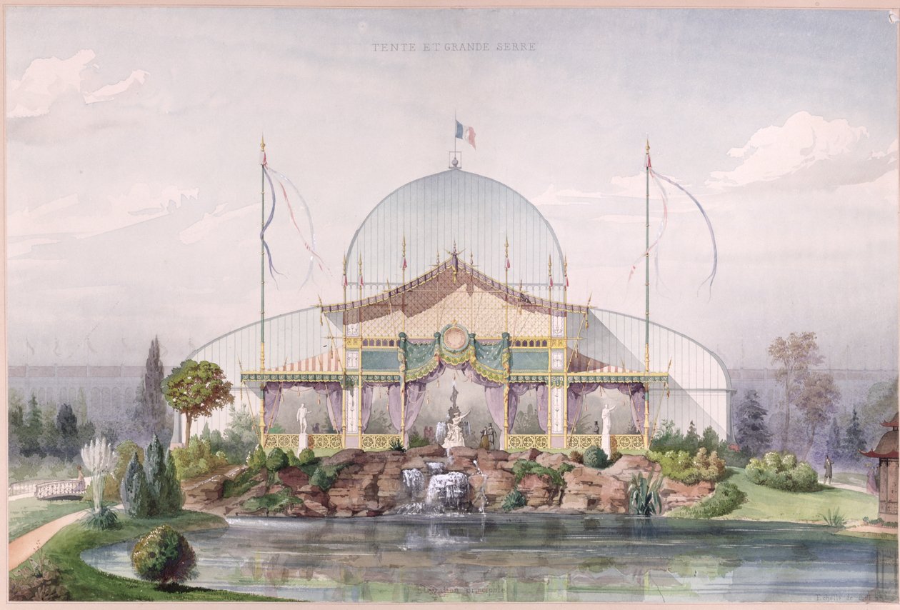 Zelt und großes Gewächshaus im Garten der Weltausstellung in Paris 1867 von French School
