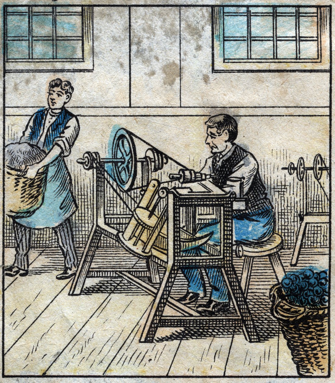 Textil, Leinen: Werkstatt. Der Nähfaden wird auf Karten oder Rollen in einem Ballen ausgelegt. Gravur. Epinal-Bild Ende des 19. Jahrhunderts. von French School