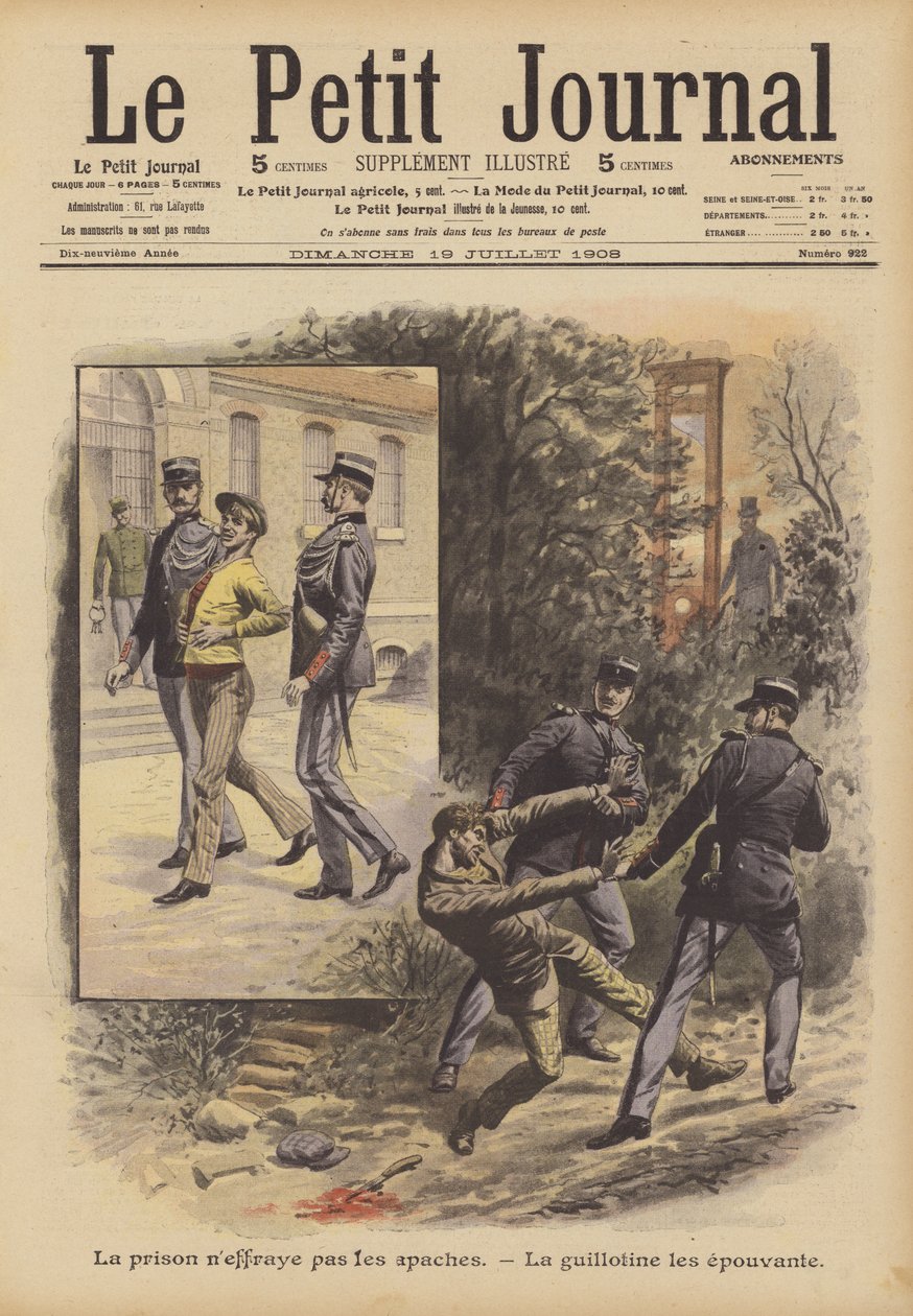 Die Apachen fürchten das Gefängnis nicht. Die Guillotine erschreckt sie (Farblithografie) von French School