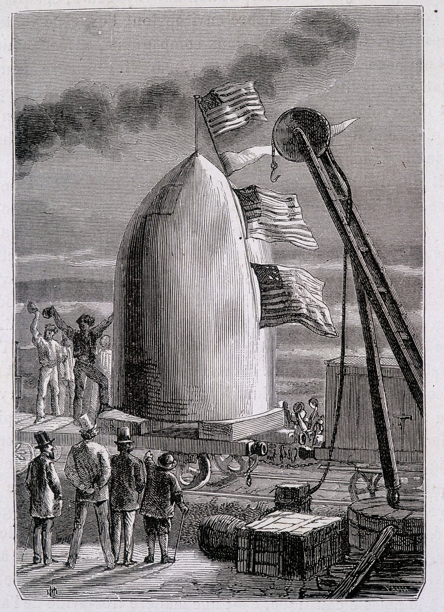 Die Ankunft des Projektils in Stone-Hill - in „Von der Erde zum Mond“ von Jules Verne von French School