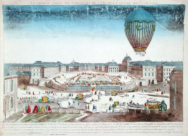 Die Ballonfahrt von Francois Pilatre de Rozier (1754-96) über das Schloss von Versailles, 23. Juni von French School