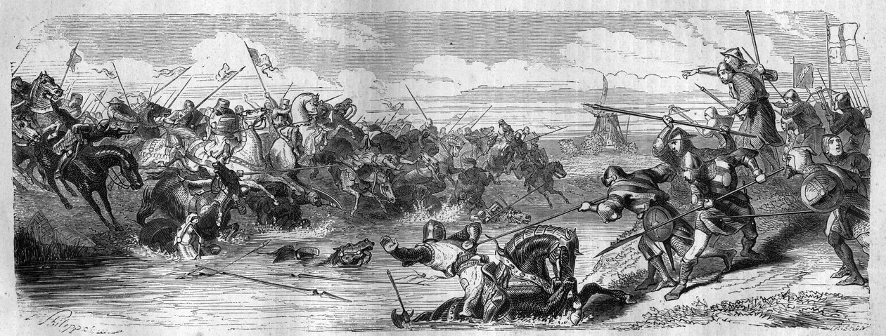 Die Schlacht von Kortrijk (Schlacht der Goldenen Sporen) zwischen dem König von Frankreich und der flämischen Gemeindemiliz am 11. Juli von French School