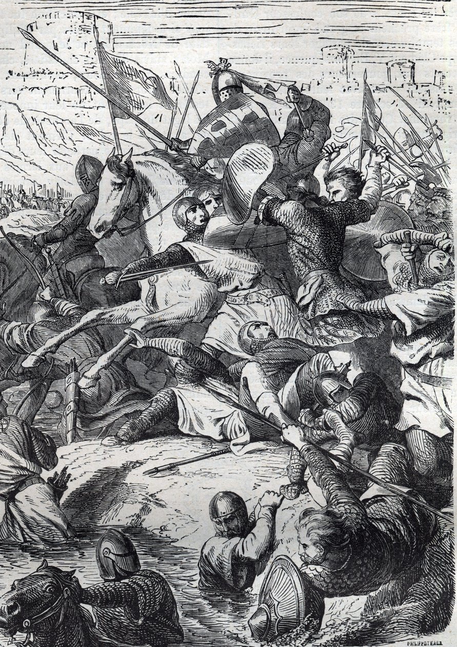 Die Schlacht von Kortrijk (Schlacht der Goldenen Sporen) zwischen dem König von Frankreich und der flämischen Gemeindemiliz am 11. Juli von French School