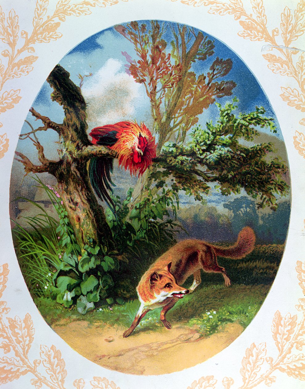 Der Hahn und der Fuchs, Illustration nach der Fabel von Jean de la Fontaine, ca. 1860-80 von French School
