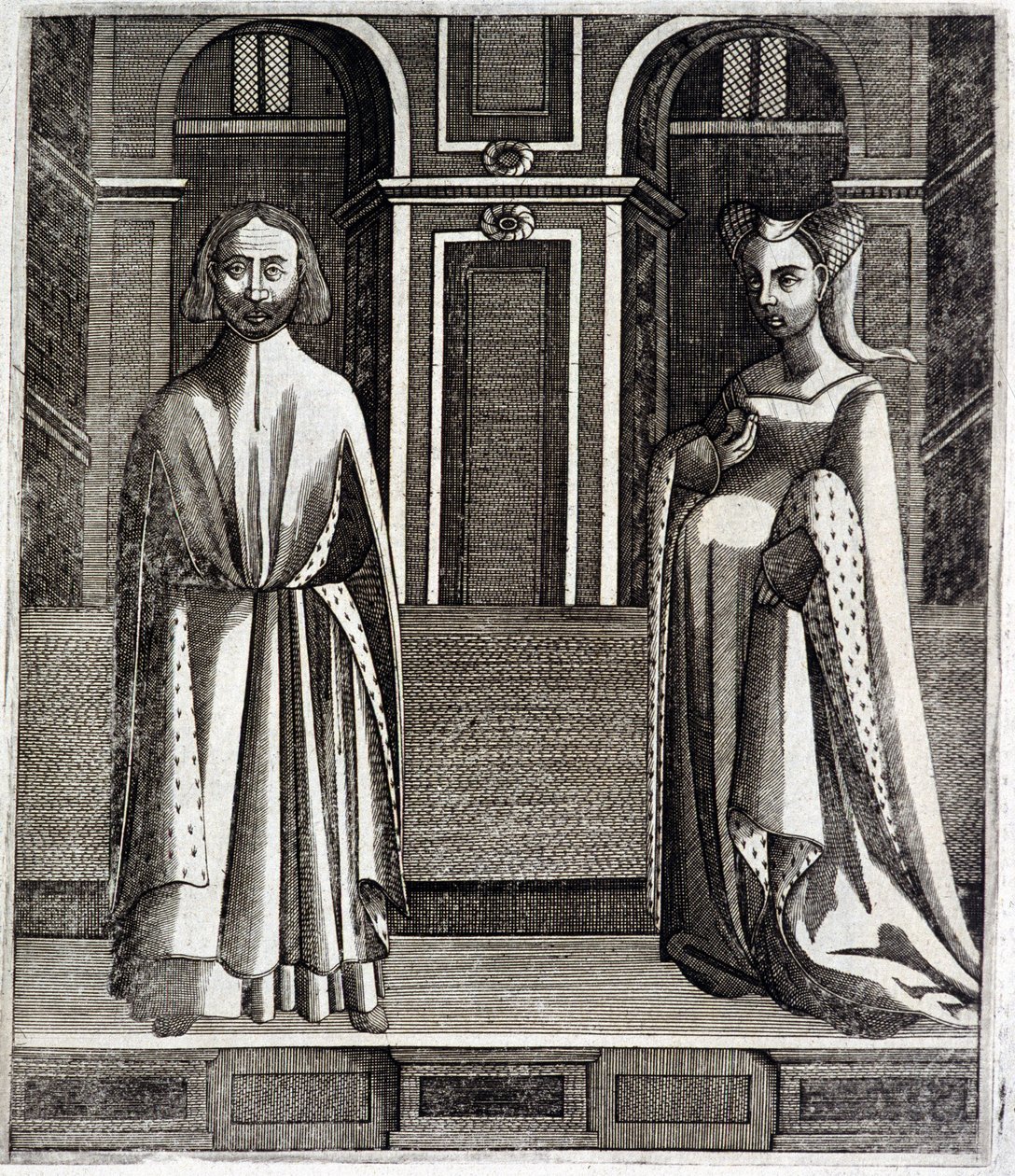 Der Graf von Poitiers und Toulouse Alphonse (1220-1271) und seine Frau Jeanne (Tochter von Raymond VII) - in „Histoire des counts de Toulouse“ von Guillaume de Catel, Toulouse von French School