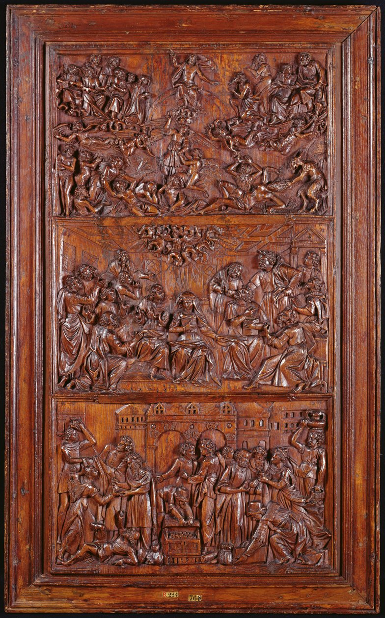 Das Credo, Tafel III: Das Jüngste Gericht, Pfingsten und die Gemeinschaft der Heiligen, 1587 (Holz) von French School