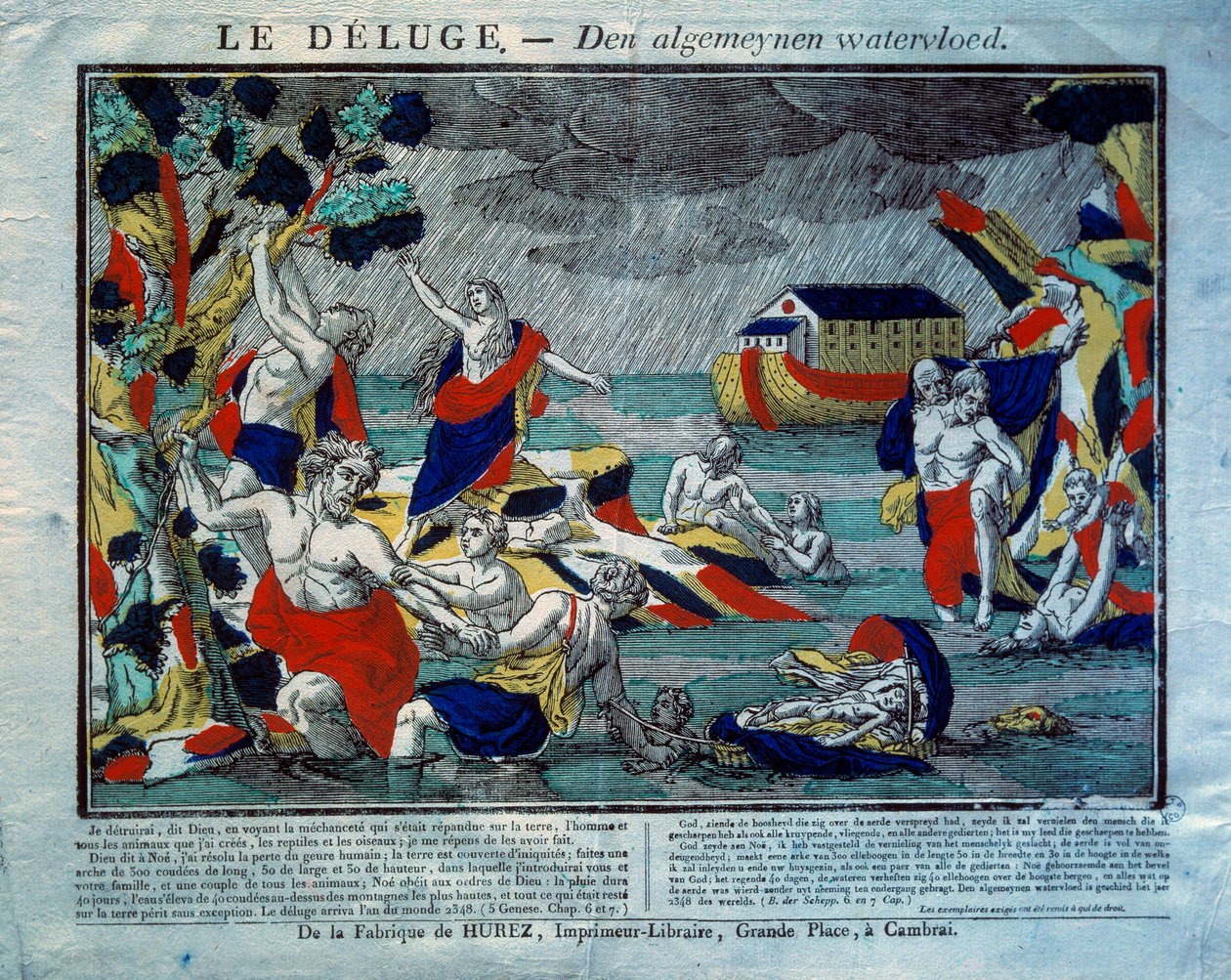 Die Sintflut, die Arche Noah rechts. Gravur aus dem 19. Jahrhundert. Paris, Museum für Volkskunst und Traditionen von French School
