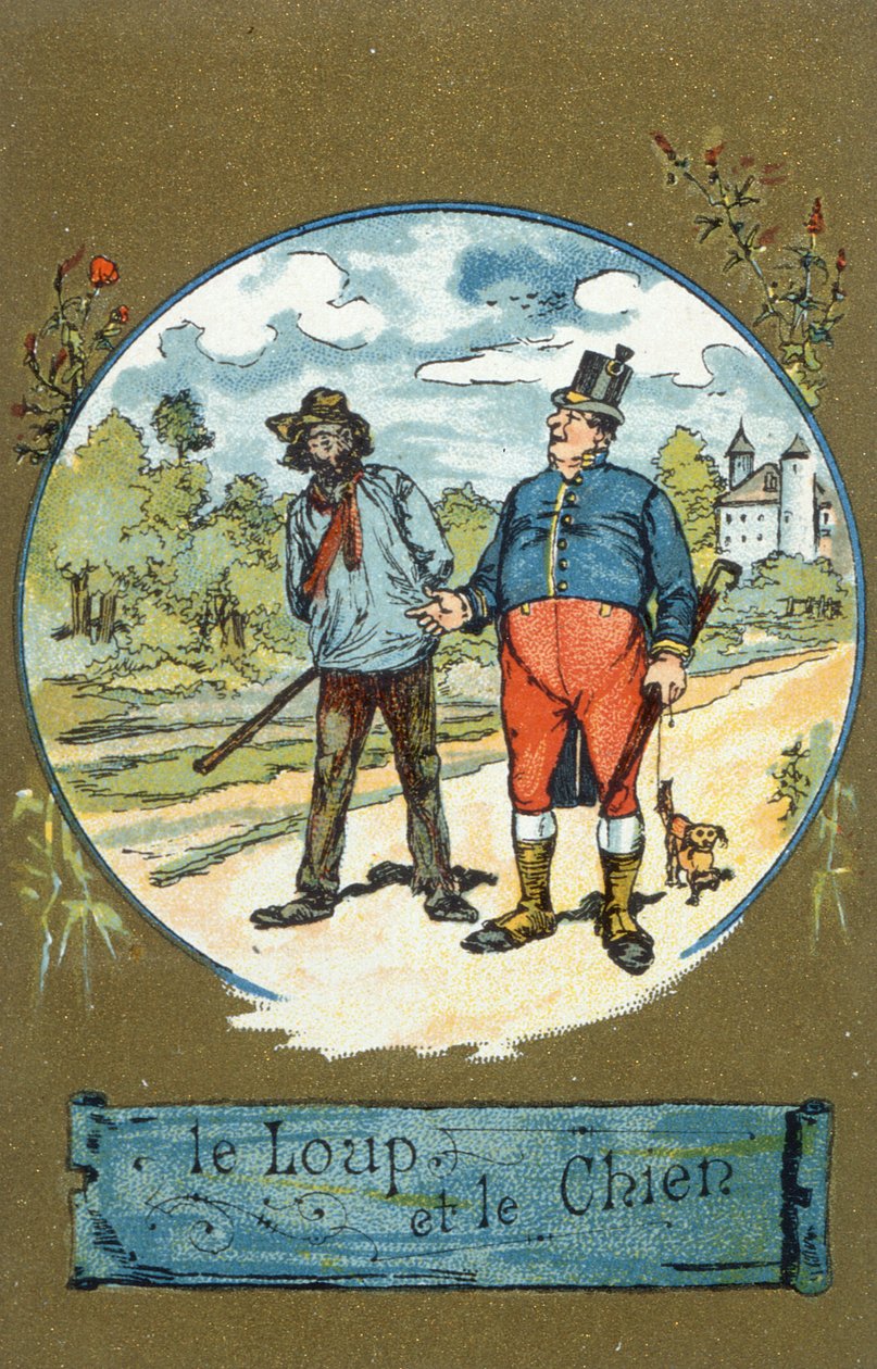 Der Hund und der Wolf, aus Fabeln von Jean de La Fontaine (1621-95) von French School