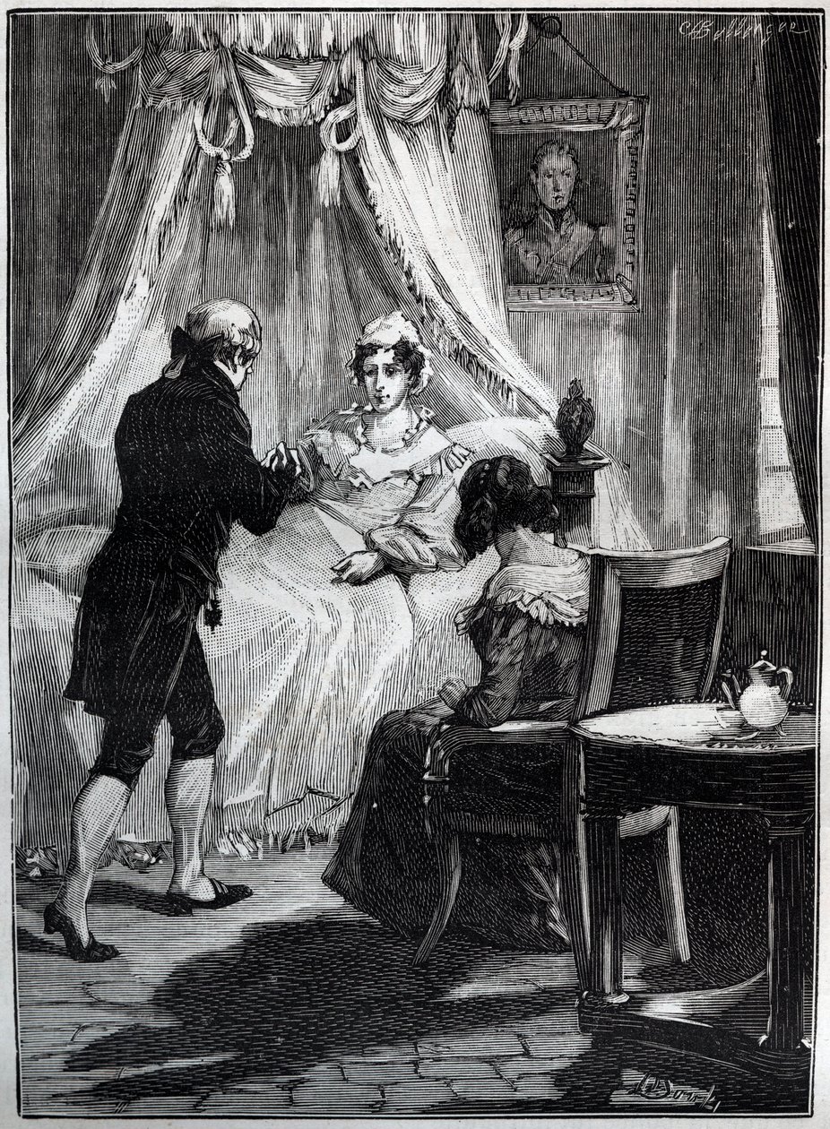 Die Herzogin von Berry (Marie Caroline, Prinzessin der beiden Sizilien, Herzogin von Berry (1798-1870) in der Festung Blay empfängt Doktor Louis Charles Deneux (1767-1846) - Gravur von French School
