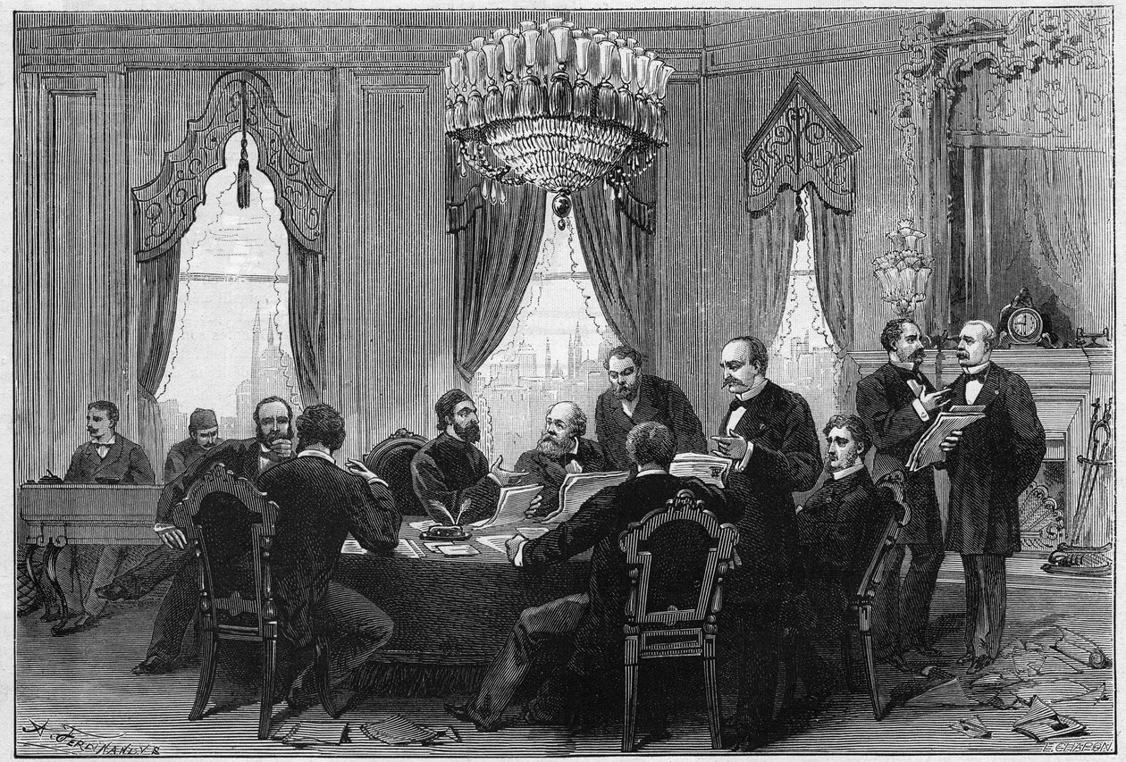 Der Ostkrieg (1875-1878) auch genannt der Russisch-Türkische Krieg: Diplomaten trafen sich zur Plenarkonferenz von Konstantinopel im Admiralitätspalast am 23. Dezember von French School