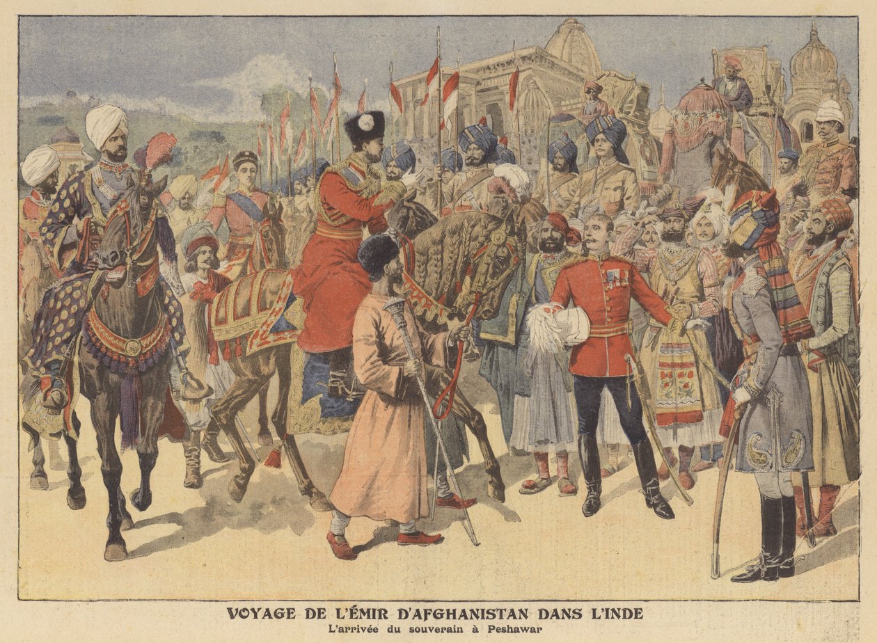 Der Emir von Afghanistan bei seiner Ankunft in Peshawar auf einem Besuch in Indien (Farblithografie) von French School