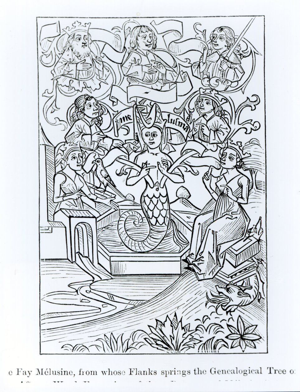Die Fee Melusine, aus deren Flanken der genealogische Baum der Könige und Kaiser entspringt, Illustration aus Wissenschaft und Literatur im Mittelalter und der Renaissance, geschrieben und graviert von Paul Lacroix von French School