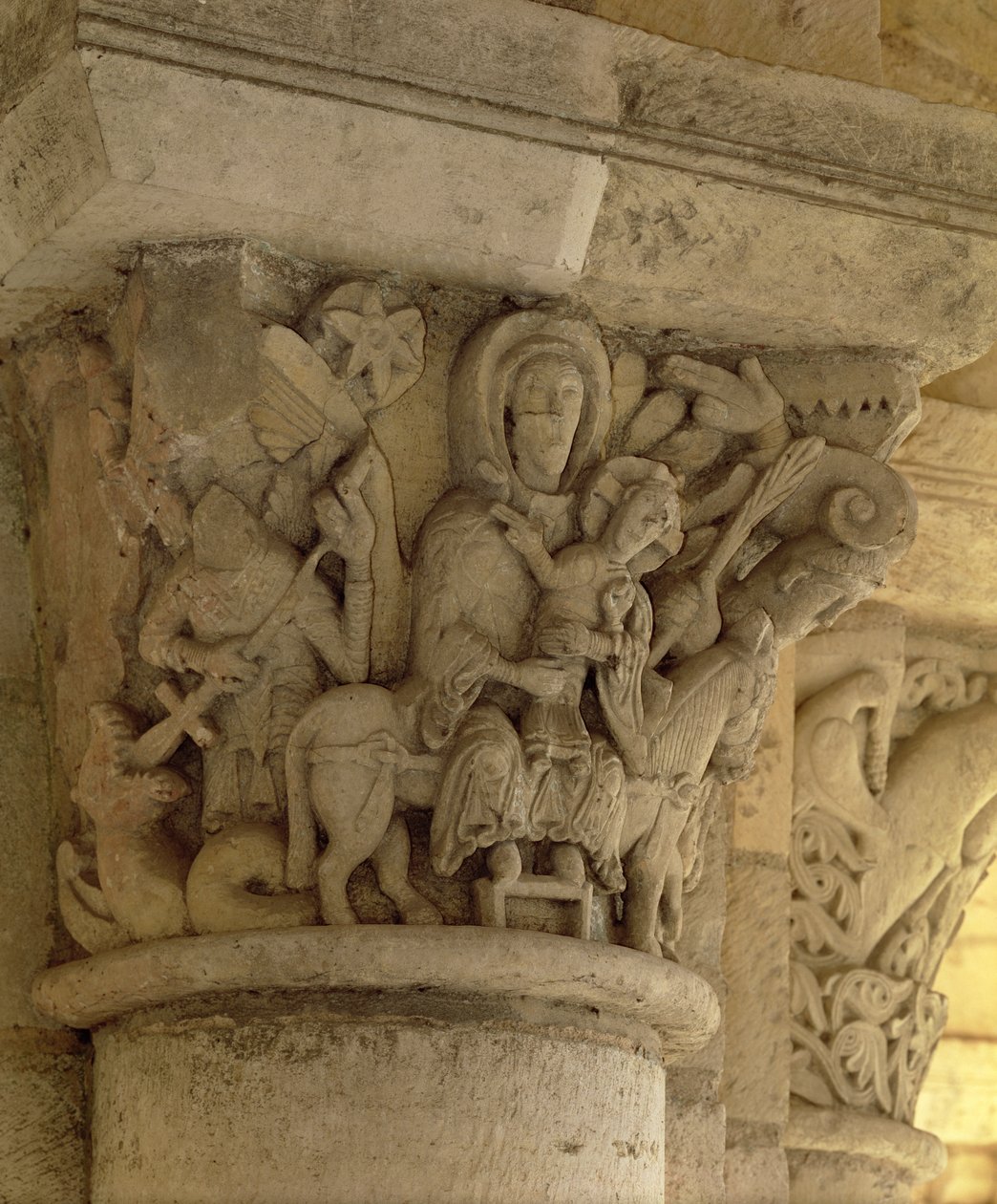 Die Flucht nach Ägypten, Säulenkapitellrelief aus der Kirche der Benediktinerabtei, 13. Jahrhundert von French School