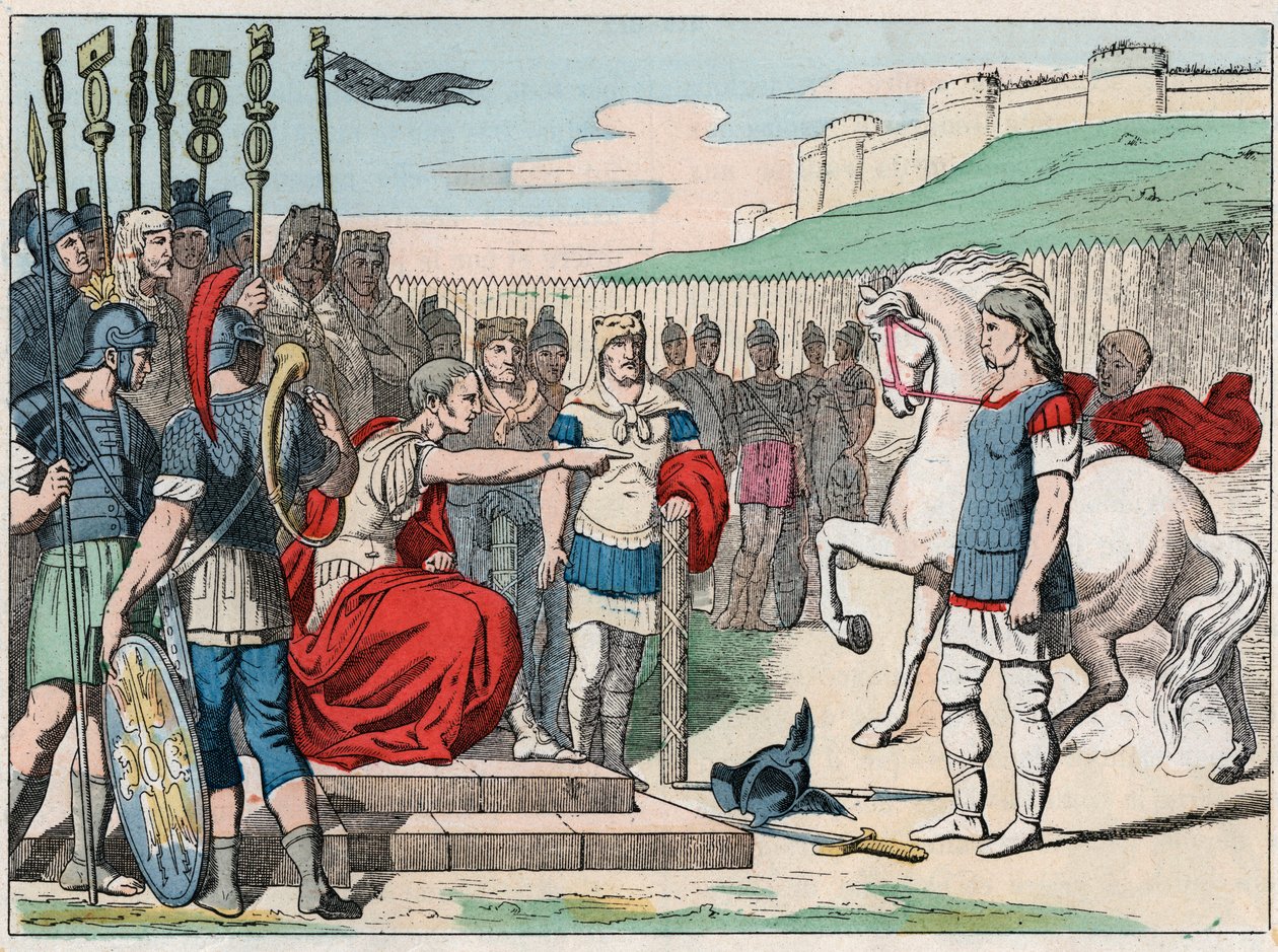 Der gallische Anführer Vercingetorix (80-46 v. Chr.) geht zu Julius Caesar (100-44 v. Chr.) nach Alesia im Jahr 52 v. Chr. - Gravur Ende des 19. Jahrhunderts in „Nos Gires Nationales - Images et récits“ von French School