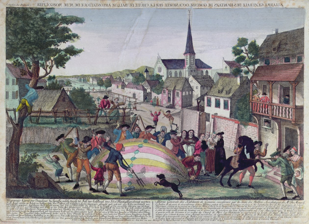 Der allgemeine Alarm der Einwohner von Gonesse durch die Landung eines Ballons, 27. August 1783 von French School