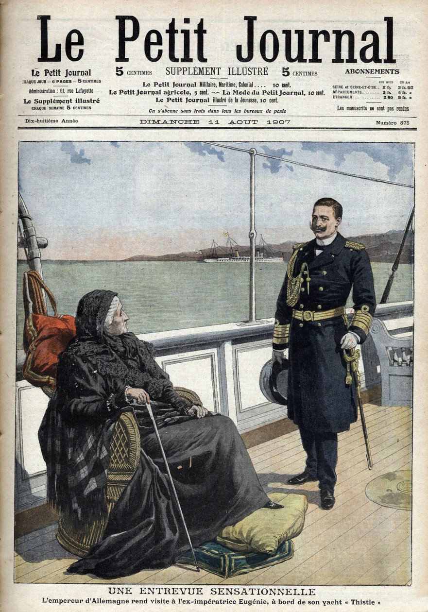 Der deutsche Kaiser Wilhelm II. (1859-1941) besuchte die ehemalige Kaiserin Eugenie (1826-1920) an Bord seiner Yacht „Thistle“ - „Le Petit Journal“ vom 11. August 1907 (Gravur) von French School